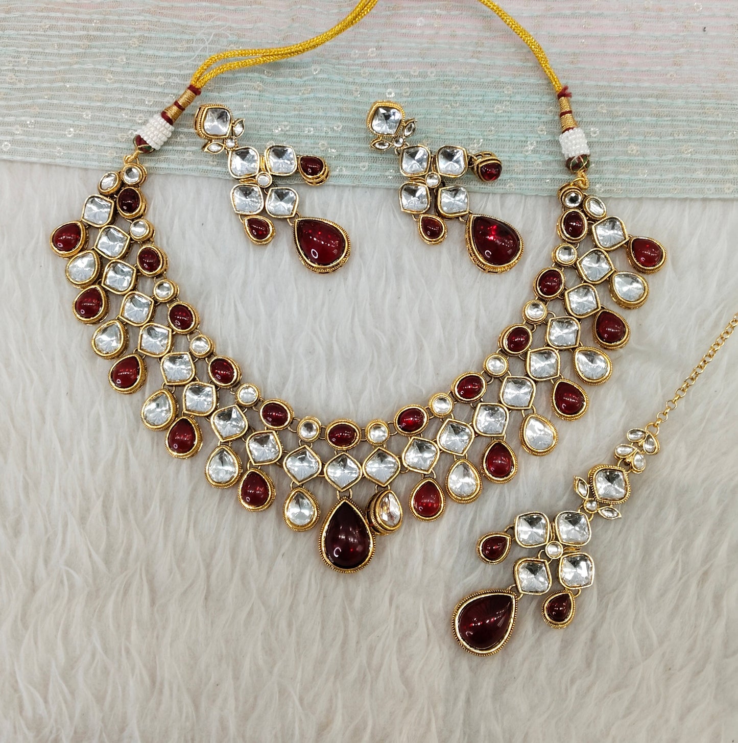 Maroon Gold Kundan Necklace Jewellery Raveena Set
