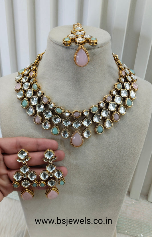 Pink Pista Gold Kundan Necklace Jewellery Raveena Set