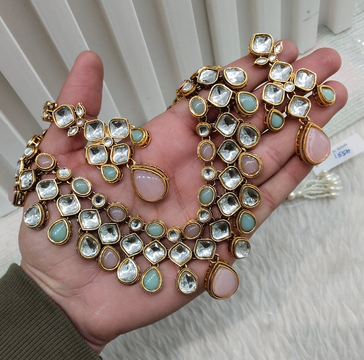 Pink Pista Gold Kundan Necklace Jewellery Raveena Set