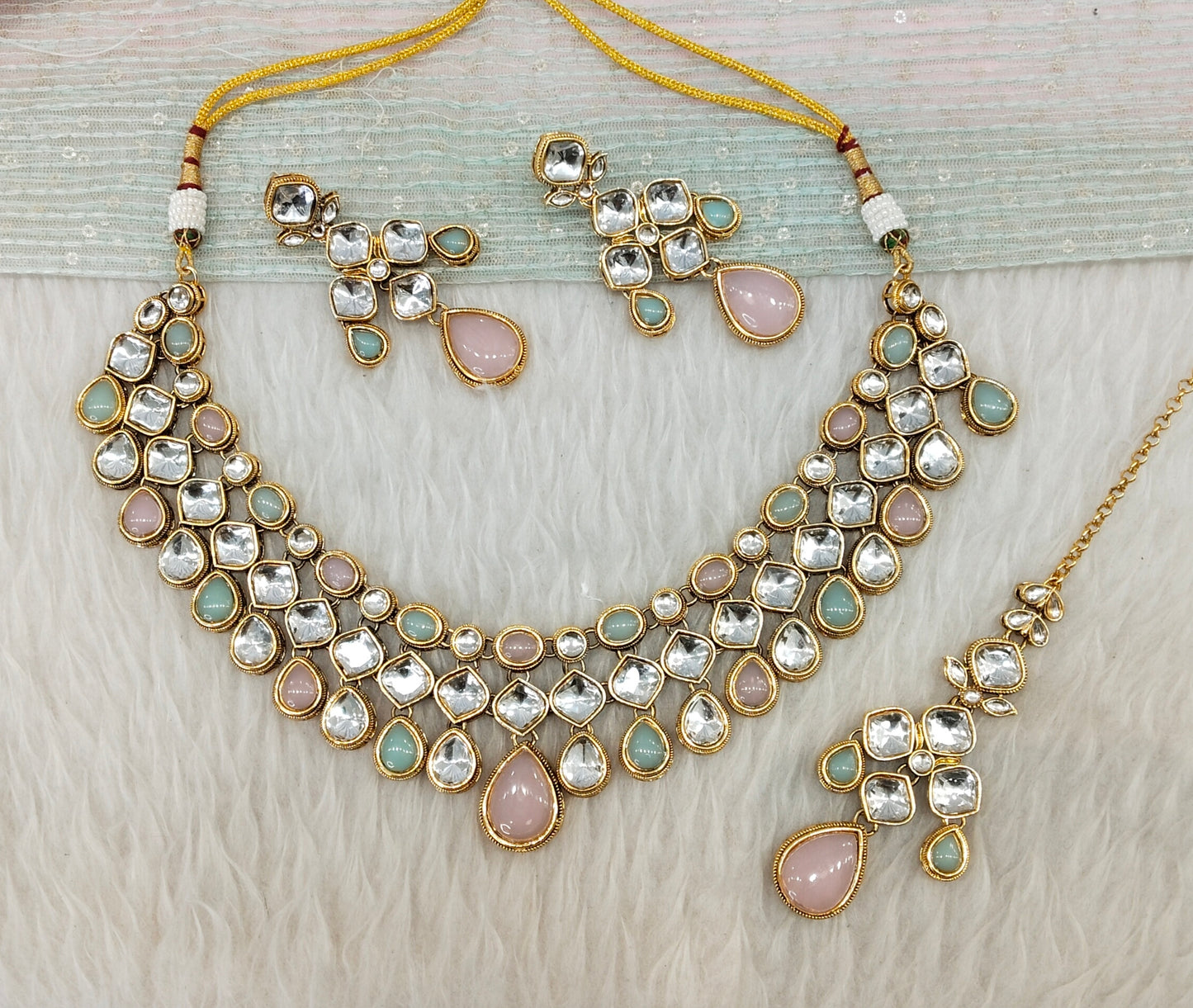 Pink Pista Gold Kundan Necklace Jewellery Raveena Set