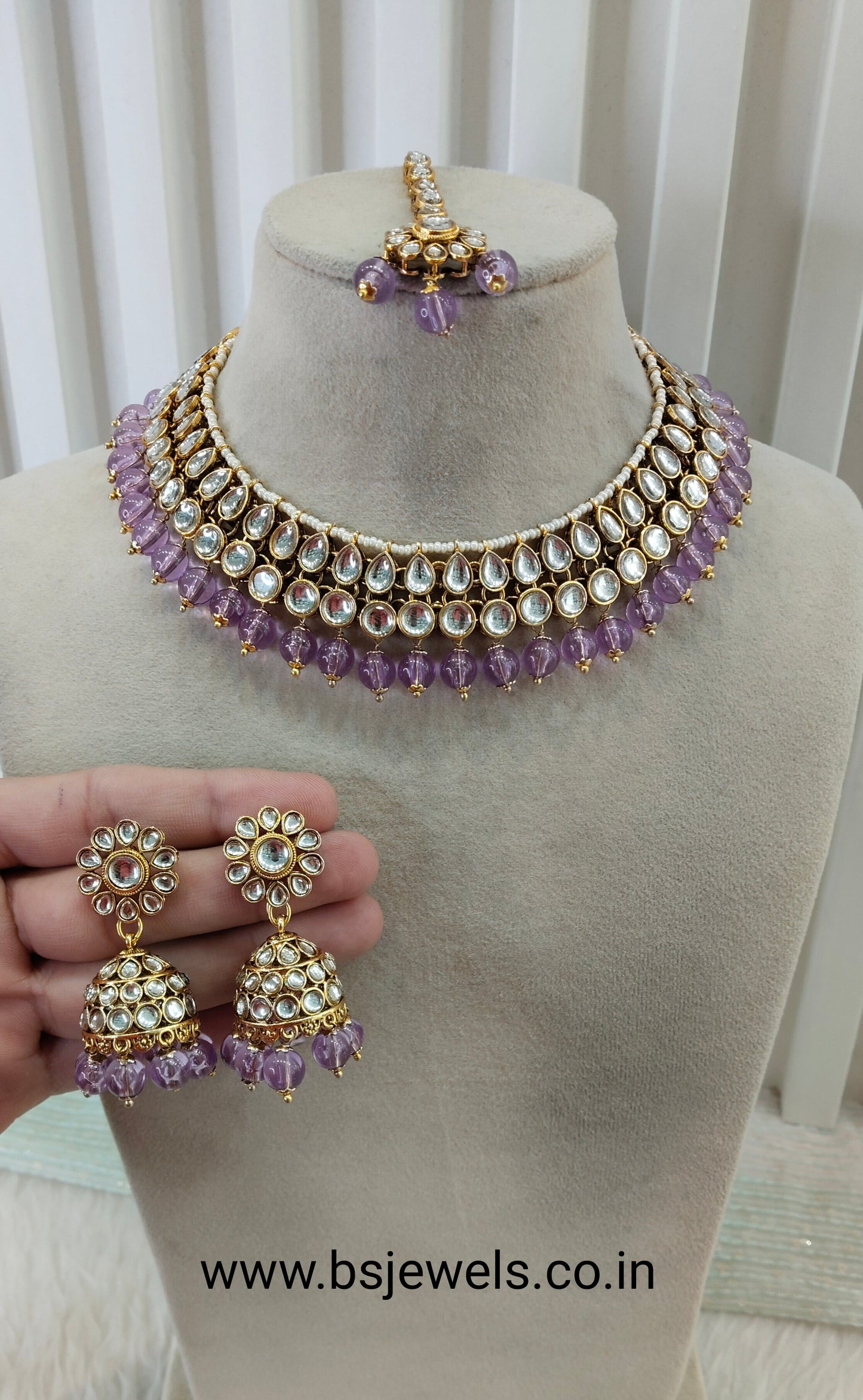 Lavender Gold Kundan Necklace Jewellery Roshan Set