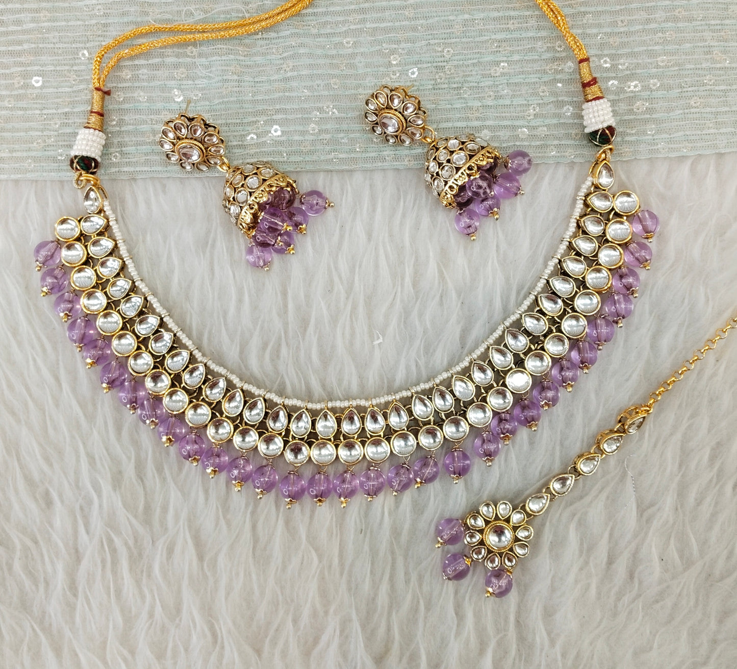 Lavender Gold Kundan Necklace Jewellery Roshan Set