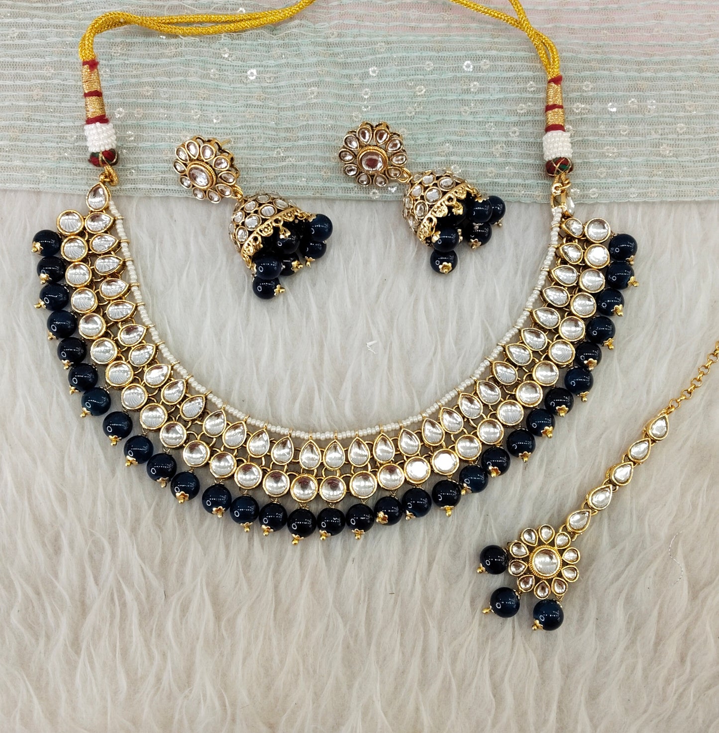 Blue Gold Kundan Necklace Jewellery Roshan Set