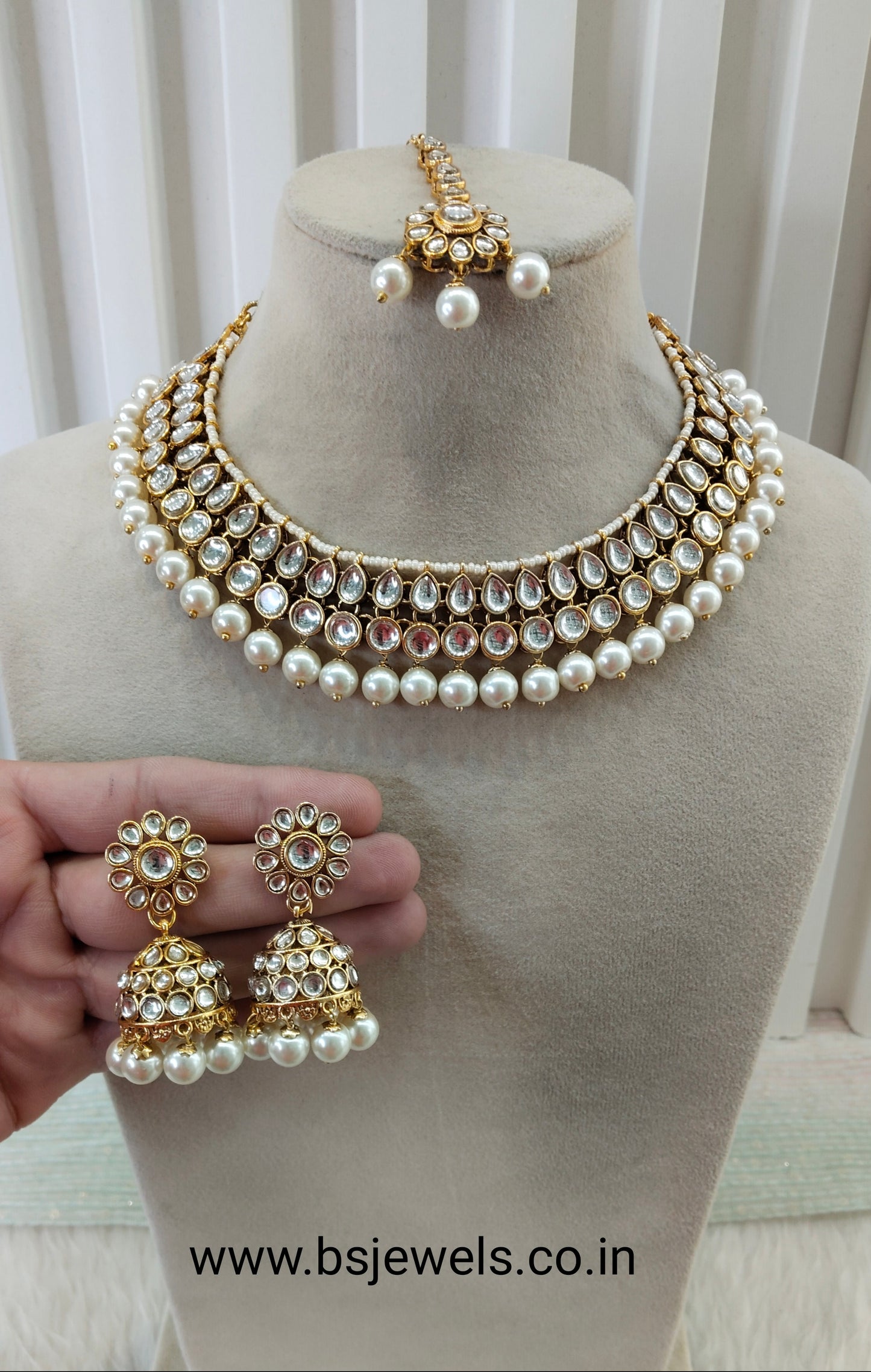White Gold Kundan Necklace Jewellery Roshan Set