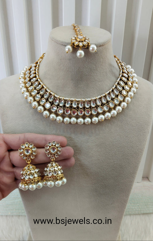 White Gold Kundan Necklace Jewellery Roshan Set