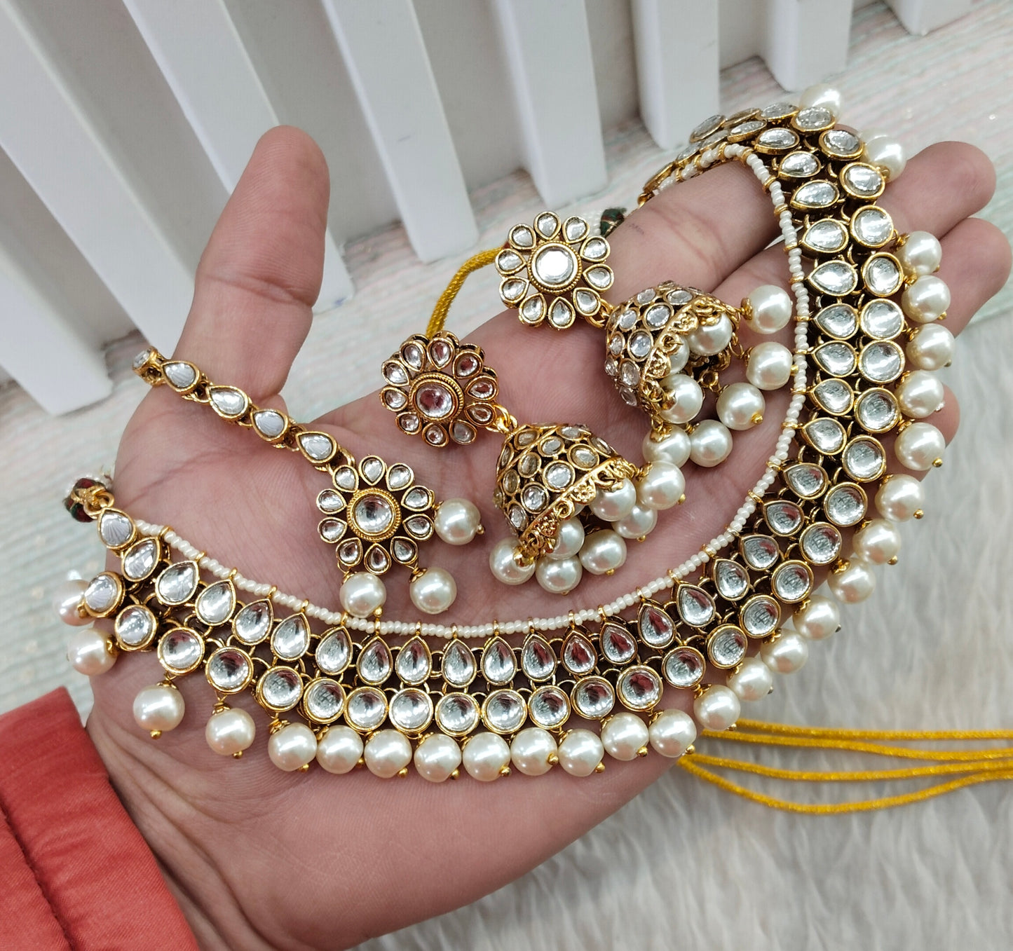 White Gold Kundan Necklace Jewellery Roshan Set