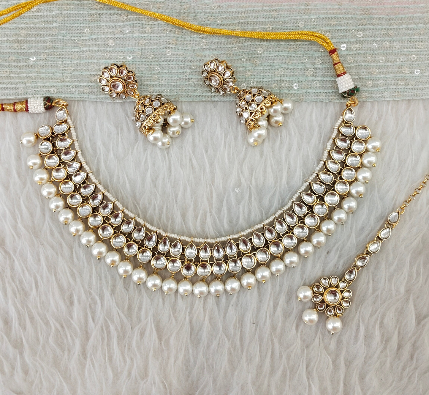 White Gold Kundan Necklace Jewellery Roshan Set