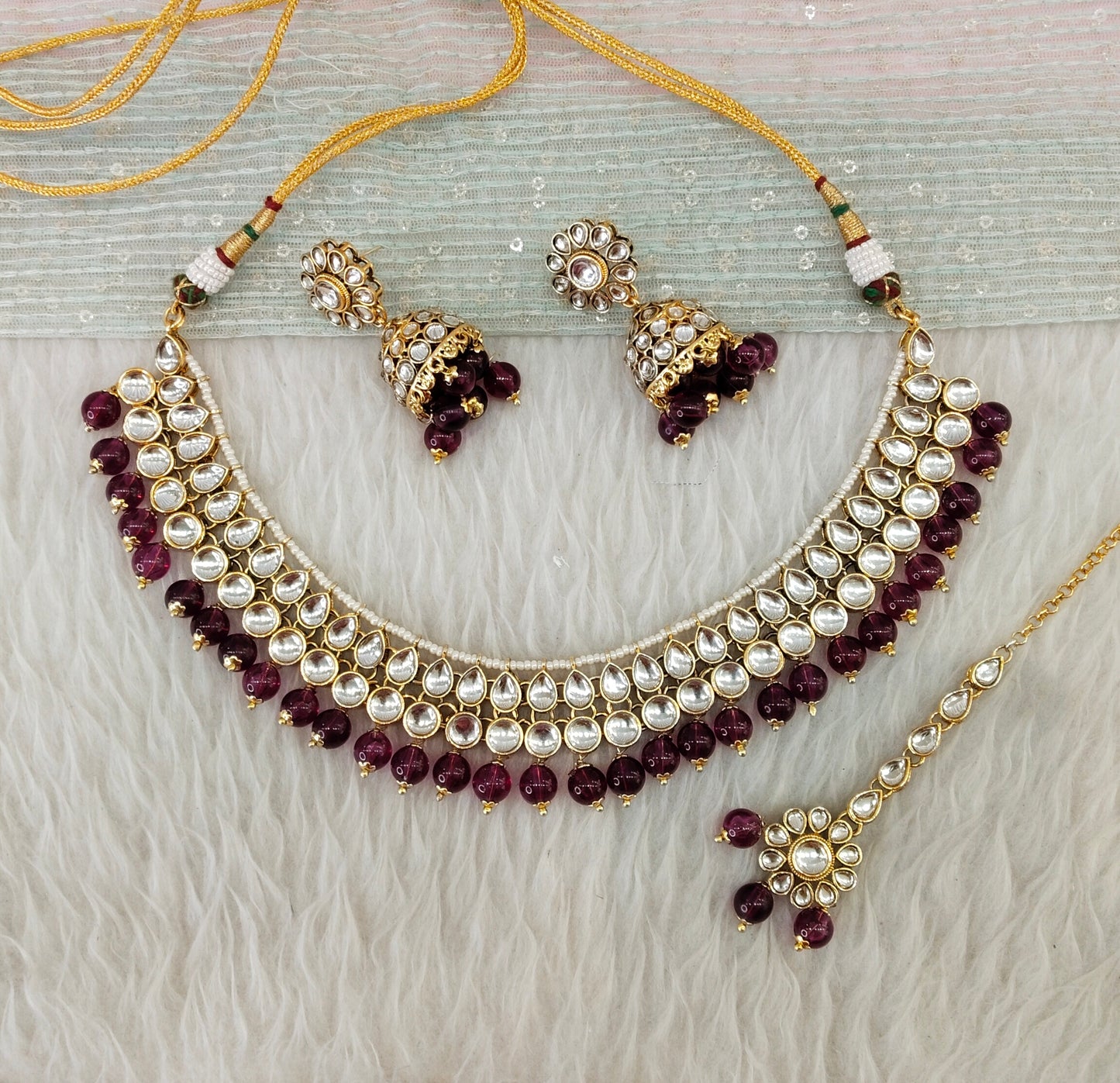 Purple Gold Kundan Necklace Jewellery Roshan Set