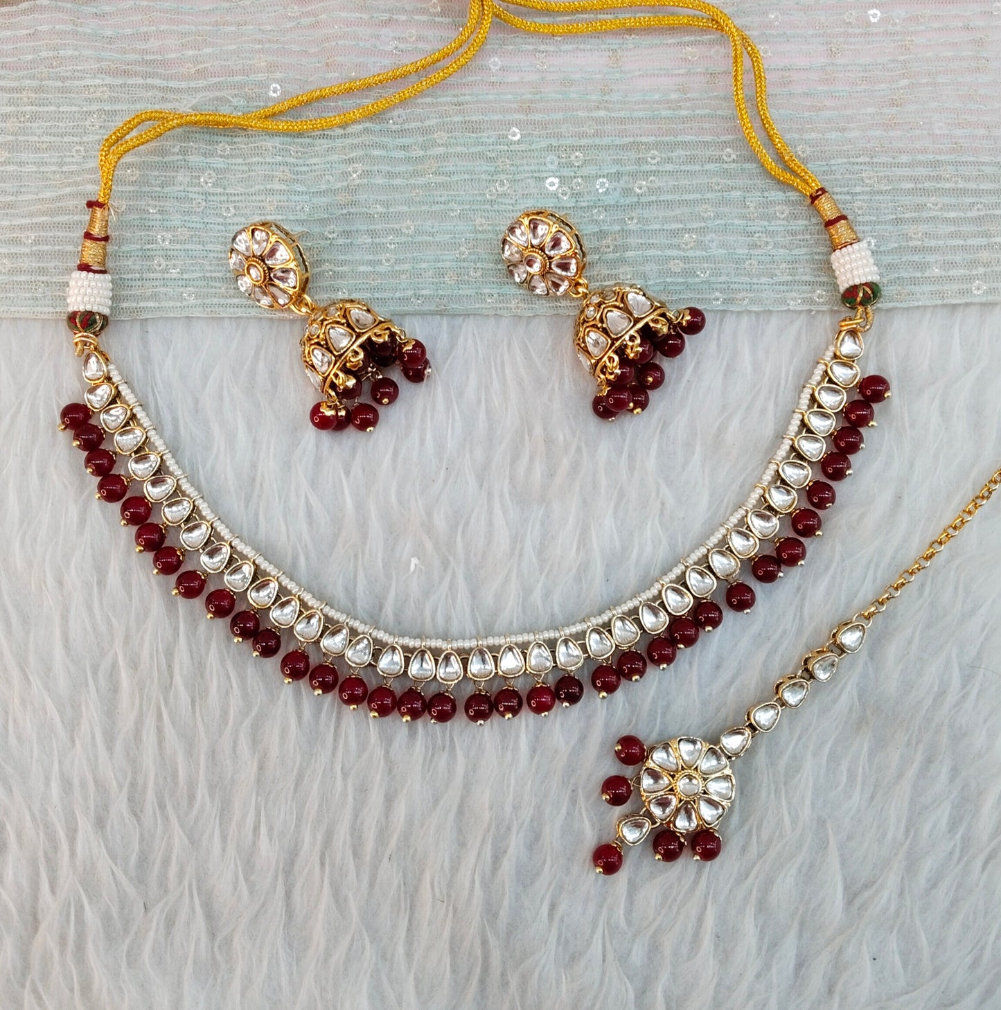 Maroon Gold Kundan Necklace Jewellery Prince Set