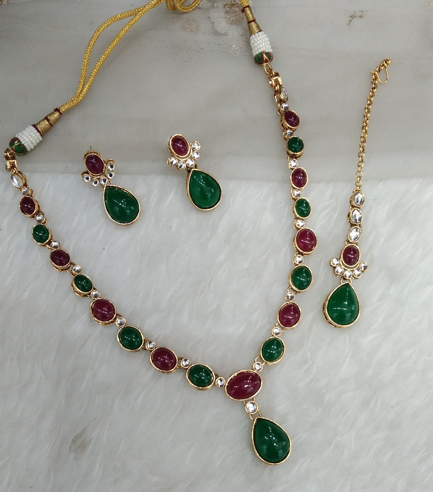 Ruby Green Gold Kundan Necklace Jewellery Mahi Set