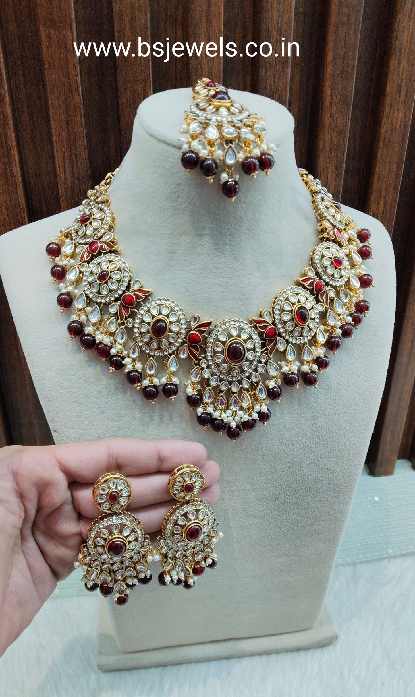 Maroon Gold Kundan Necklace Jewellery Charvi Set