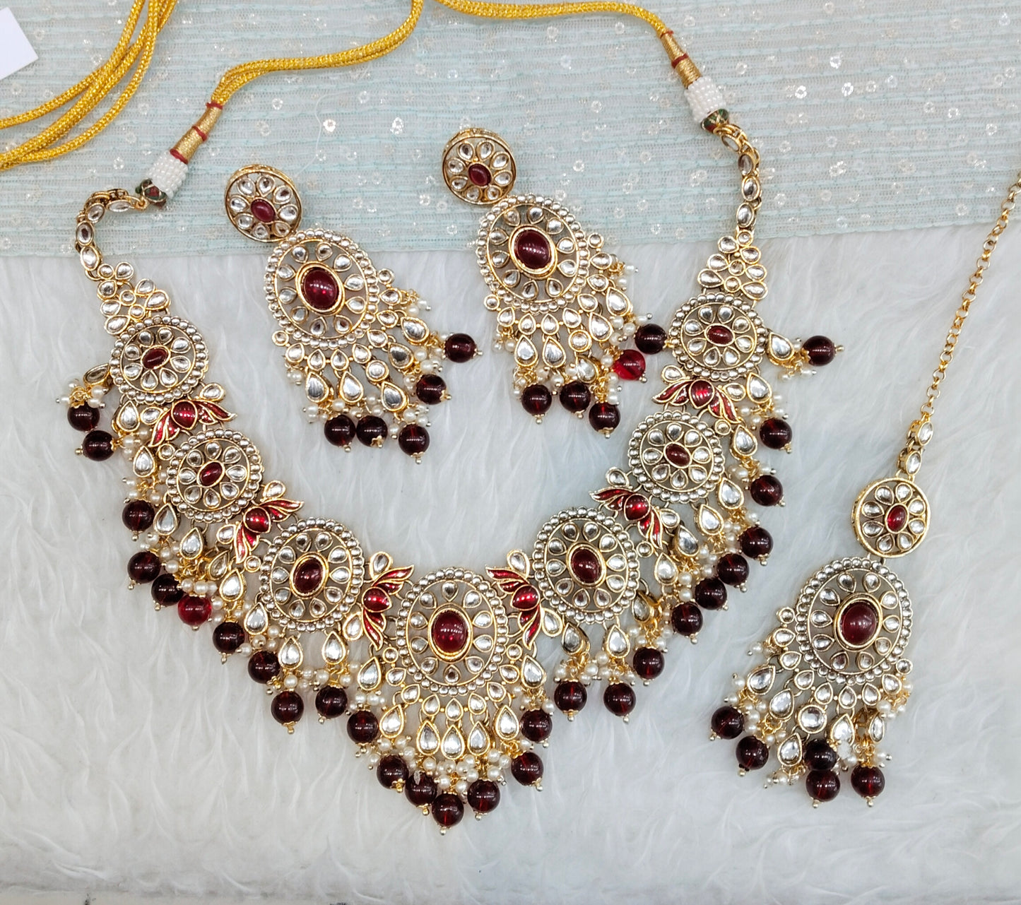 Maroon Gold Kundan Necklace Jewellery Charvi Set