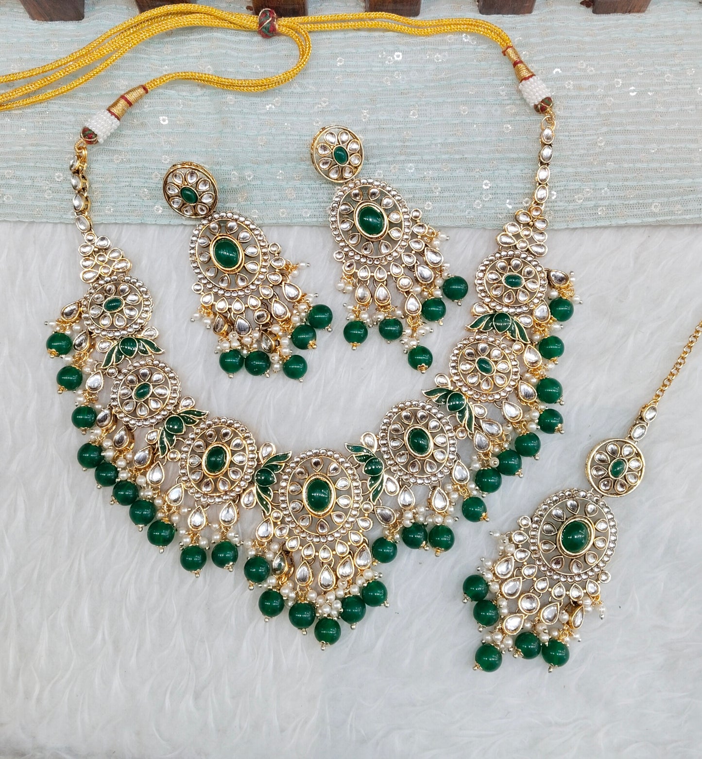 Green Gold Kundan Necklace Jewellery Charvi Set