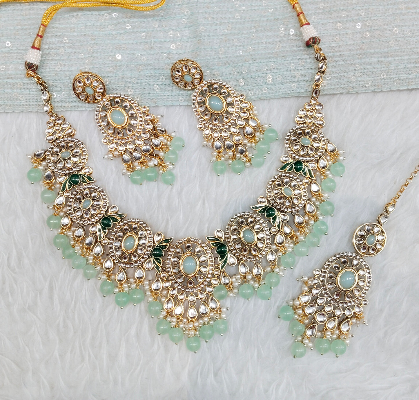 Pista Gold Kundan Necklace Jewellery Charvi Set