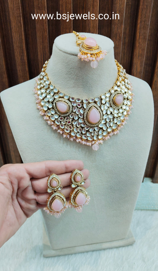 Pink Gold Kundan Necklace Jewellery College Set