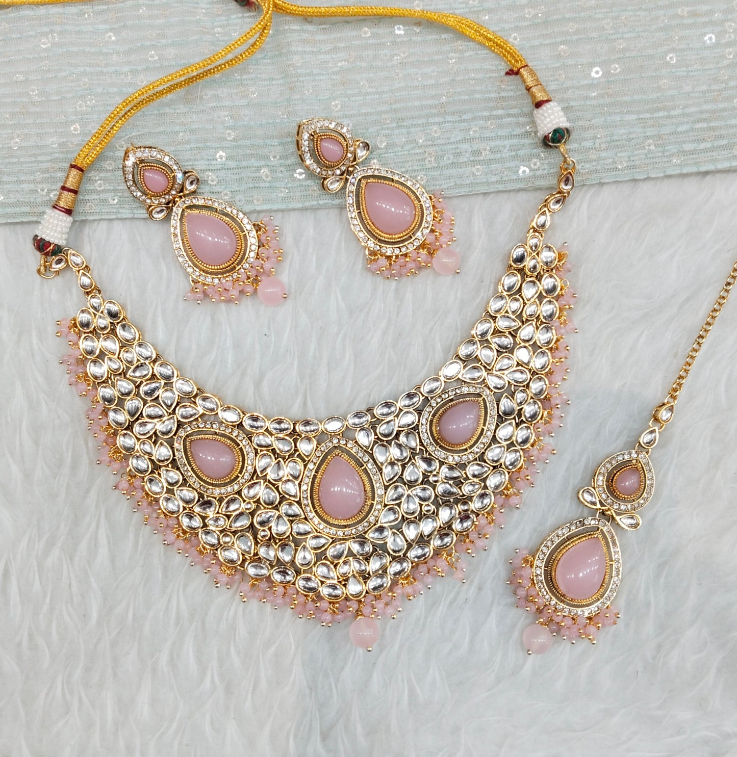 Pink Gold Kundan Necklace Jewellery College Set