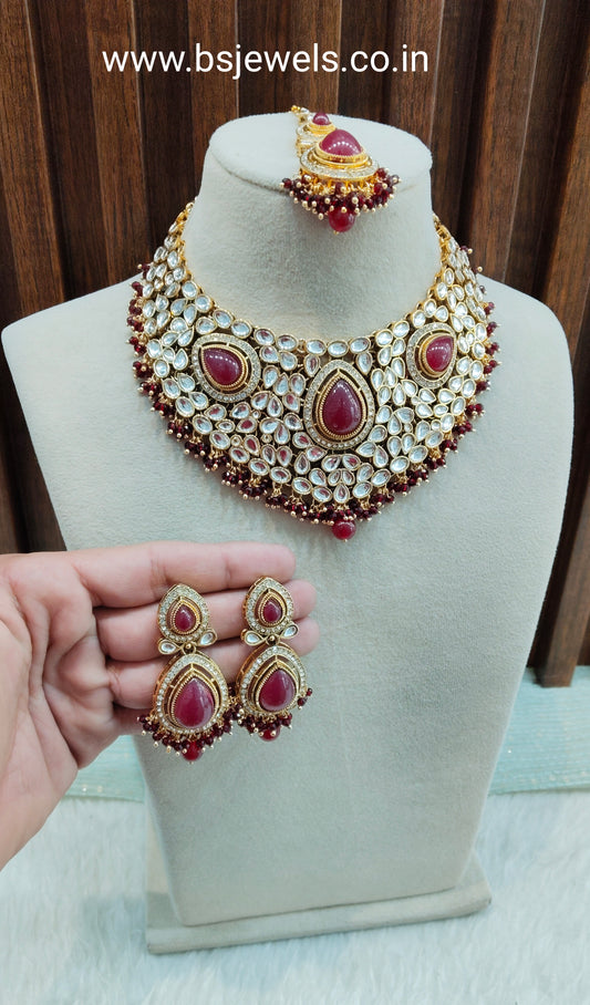 Maroon Gold Kundan Necklace Jewellery College Set