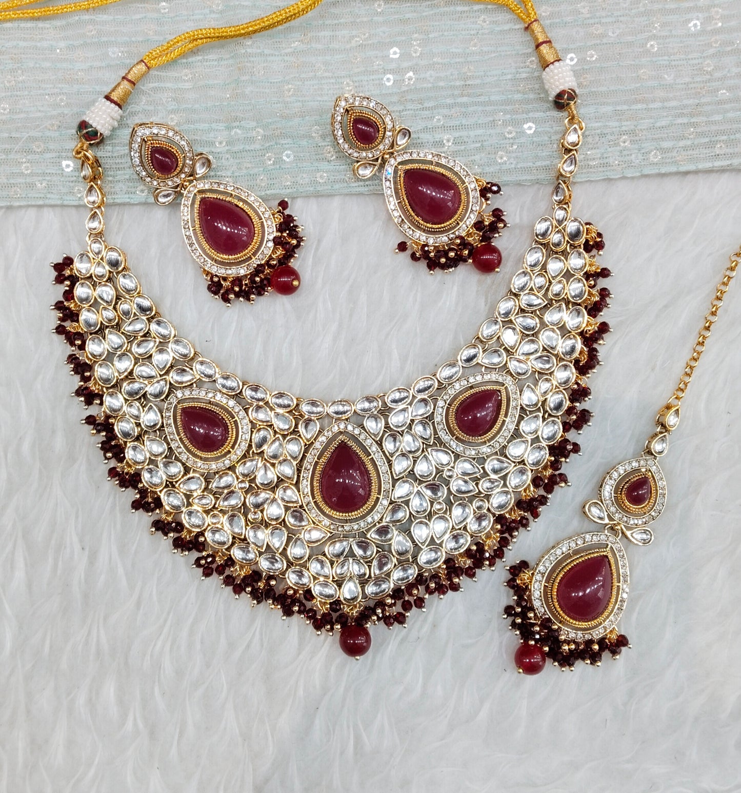 Maroon Gold Kundan Necklace Jewellery College Set