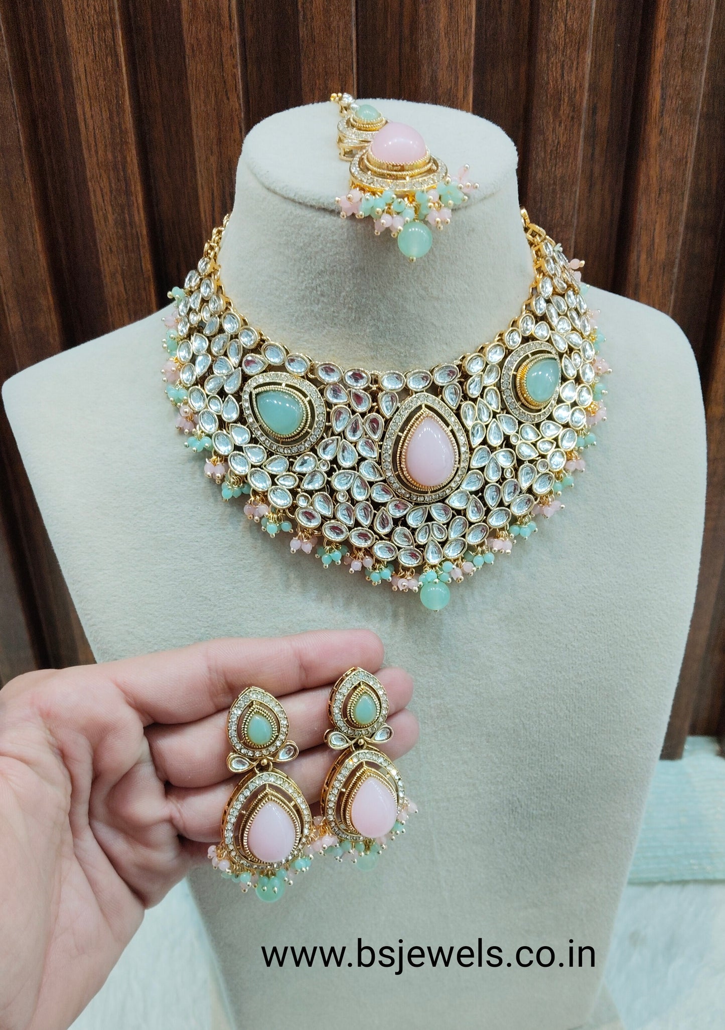 Mint Pink Gold Kundan Necklace Jewellery College Set