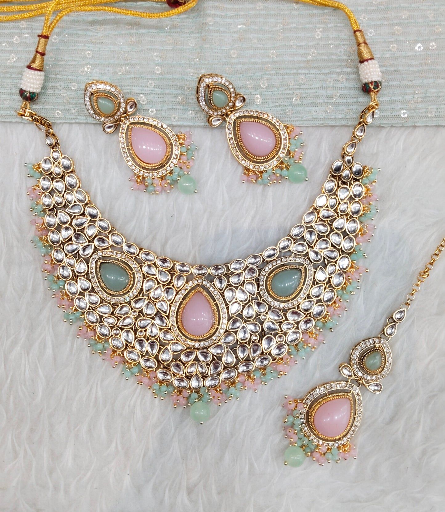 Mint Pink Gold Kundan Necklace Jewellery College Set
