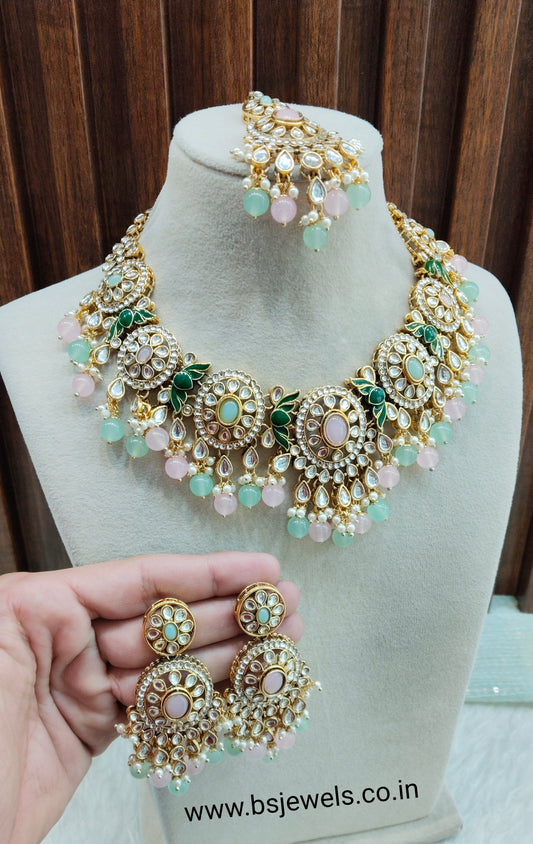 Mint Pink Gold Kundan Necklace Jewellery Charvi Set