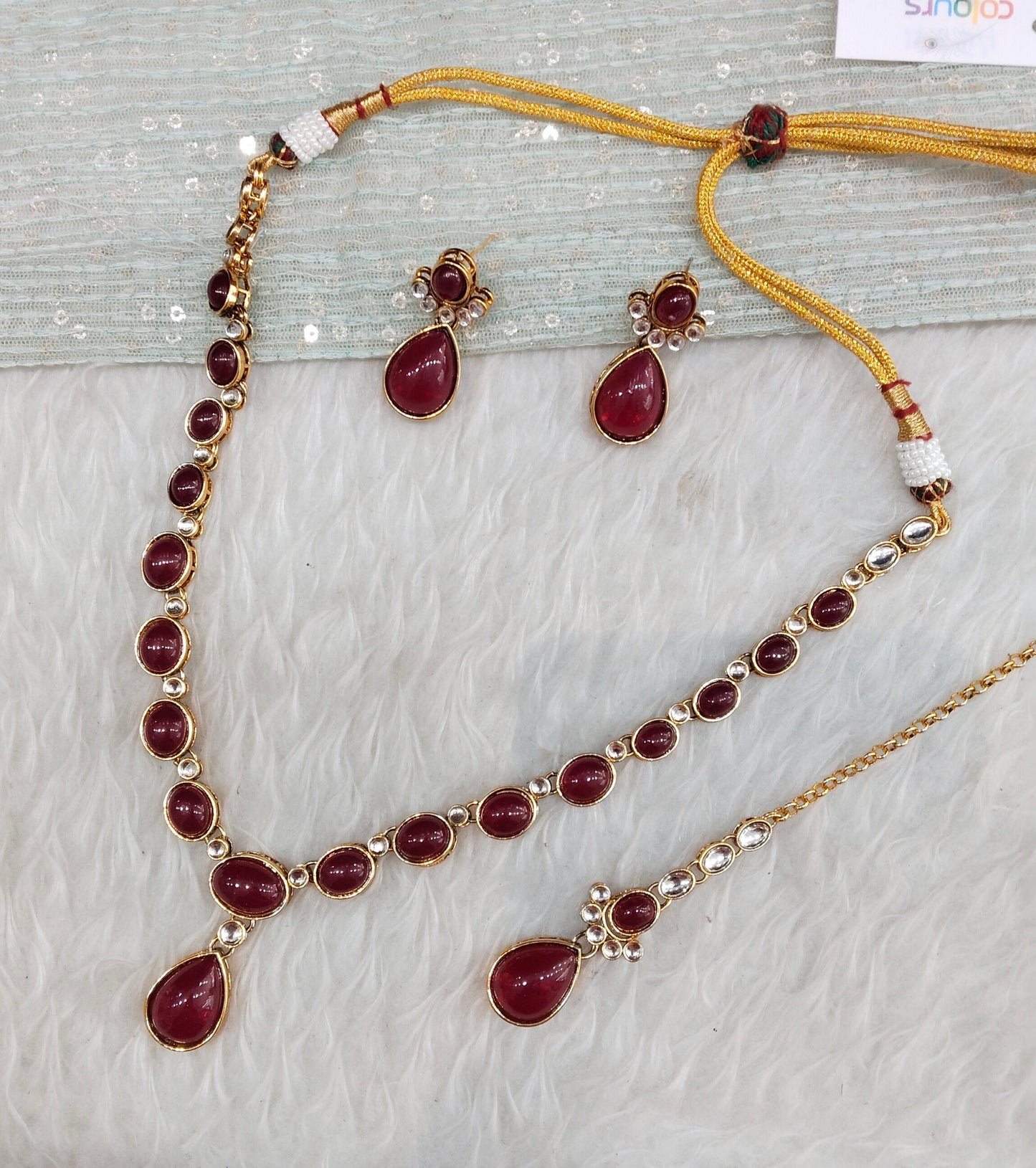 Maroon Gold Kundan Necklace Jewellery Mahi Set