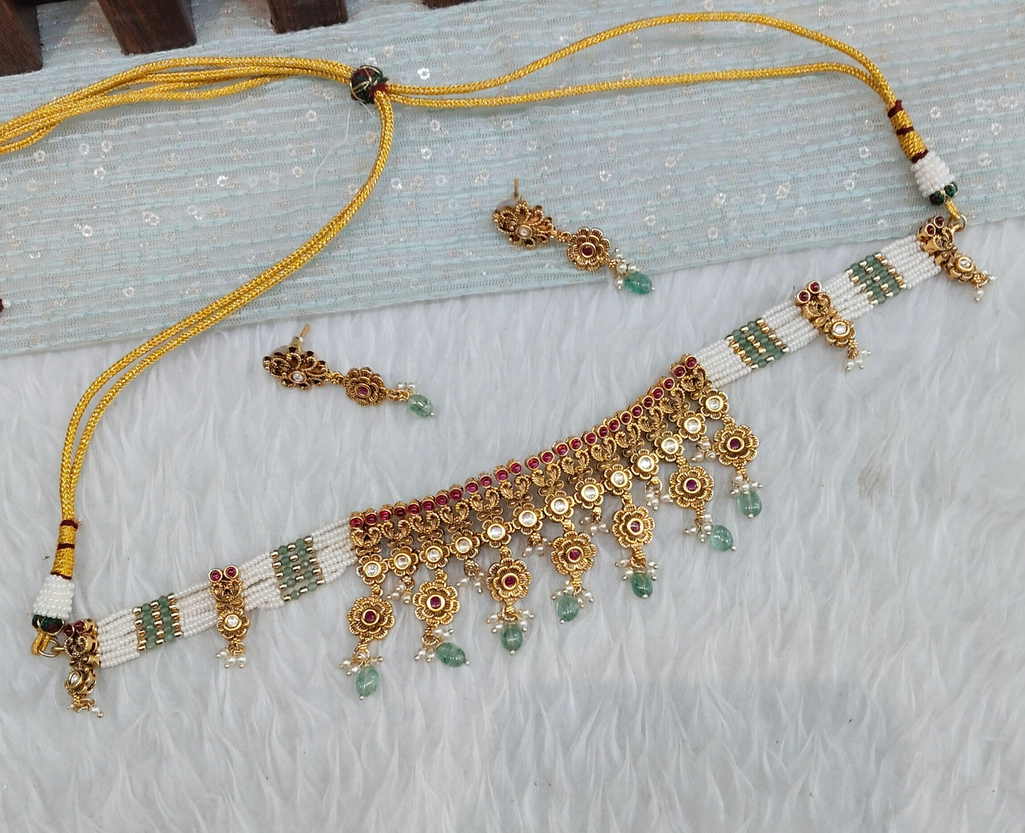 Ruby Sage Green Gold Polki Choker Jewellery Simran Set