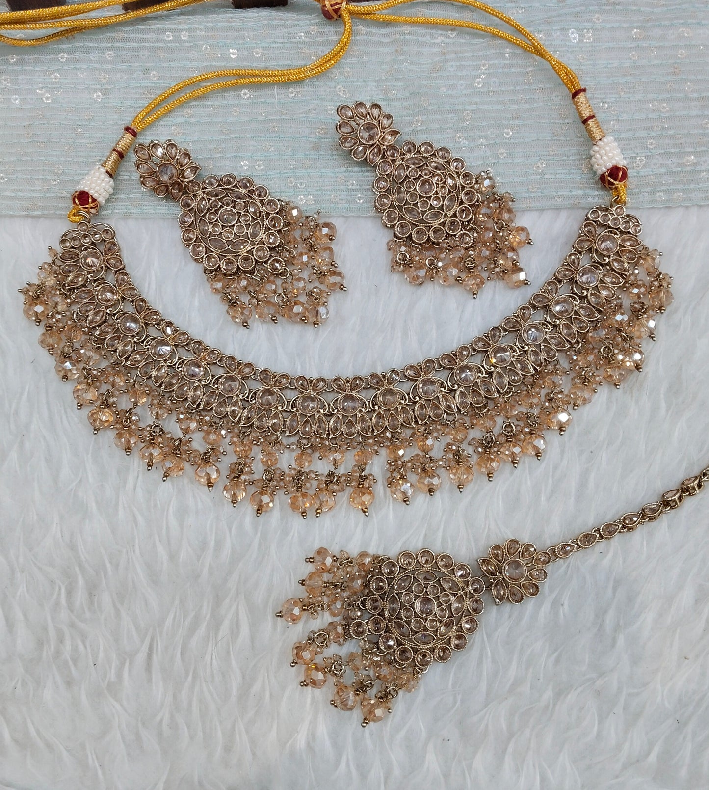 Antique Gold Champagne Stone Necklace Jewellery Eham Set
