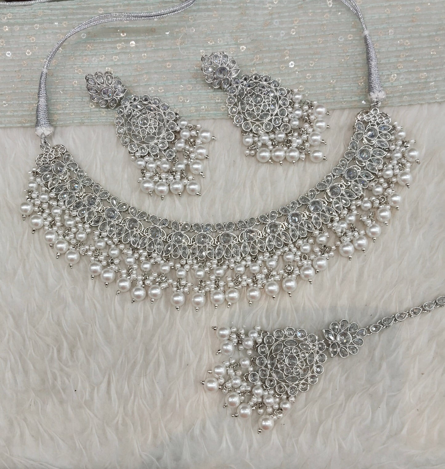 Silver White Champagne Stone Necklace Jewellery Eham Set