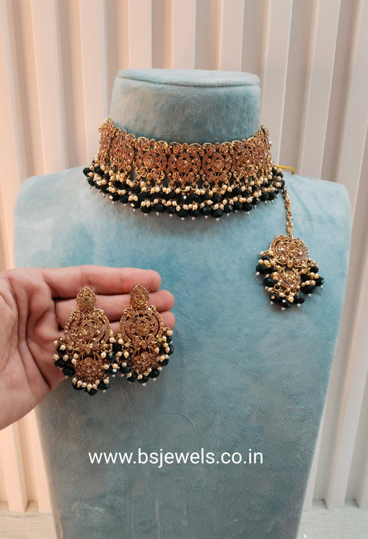 Dark Green Antique Gold Choker Jewellery David Set