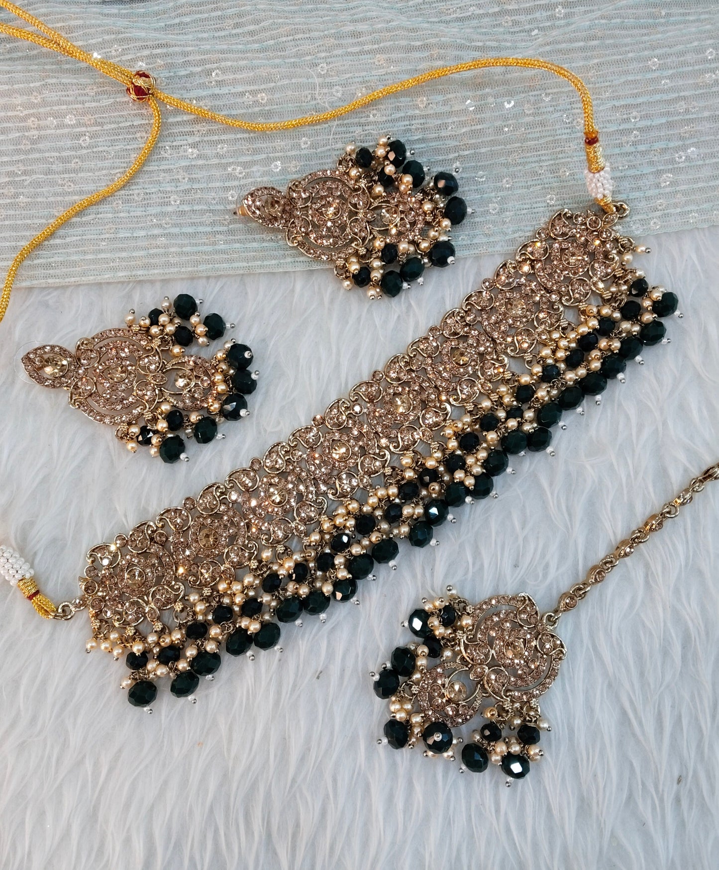 Dark Green Antique Gold Choker Jewellery David Set