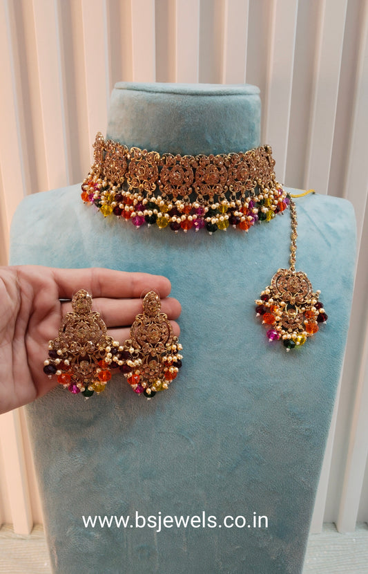 Multi Color Antique Gold Choker Jewellery David Set