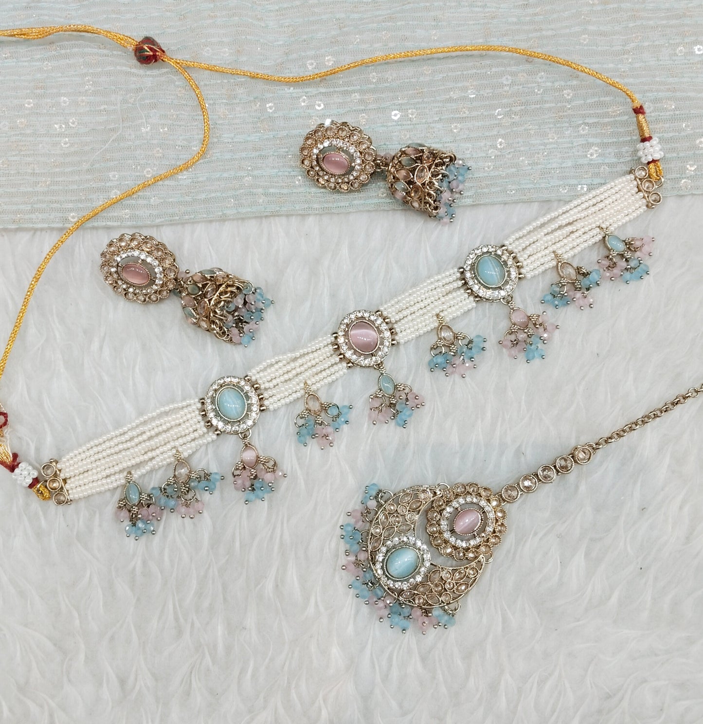 Sea Green Champagne Stone Choker Jewellery Juliet Set