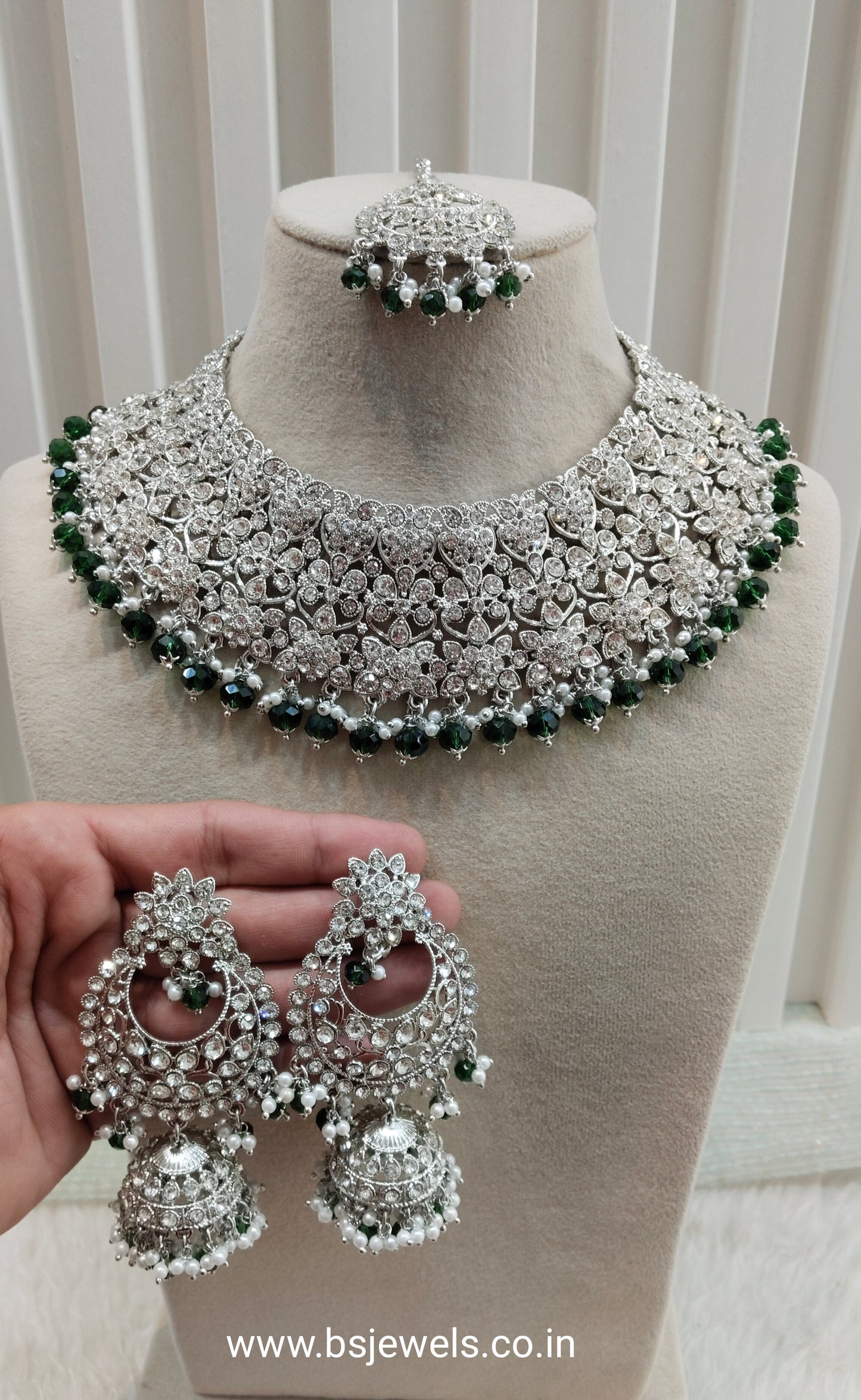 Green Silver Necklace Jewellery Astin Set