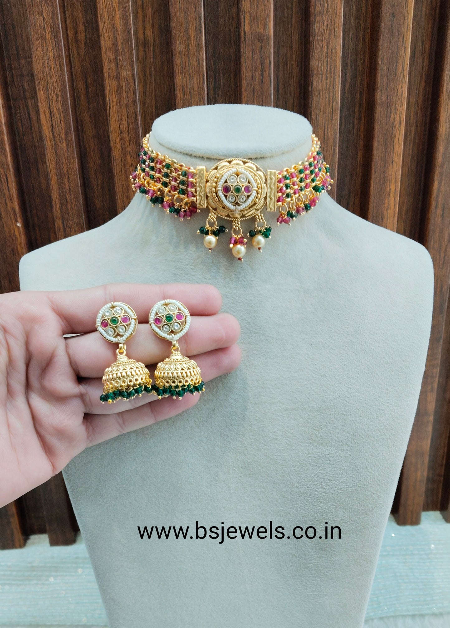 Ruby Green Gold Polki Choker Jewellery Smile Set