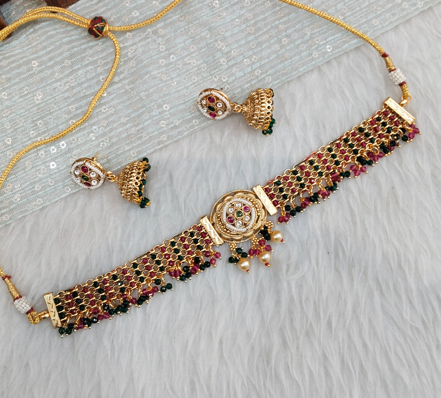Ruby Green Gold Polki Choker Jewellery Smile Set