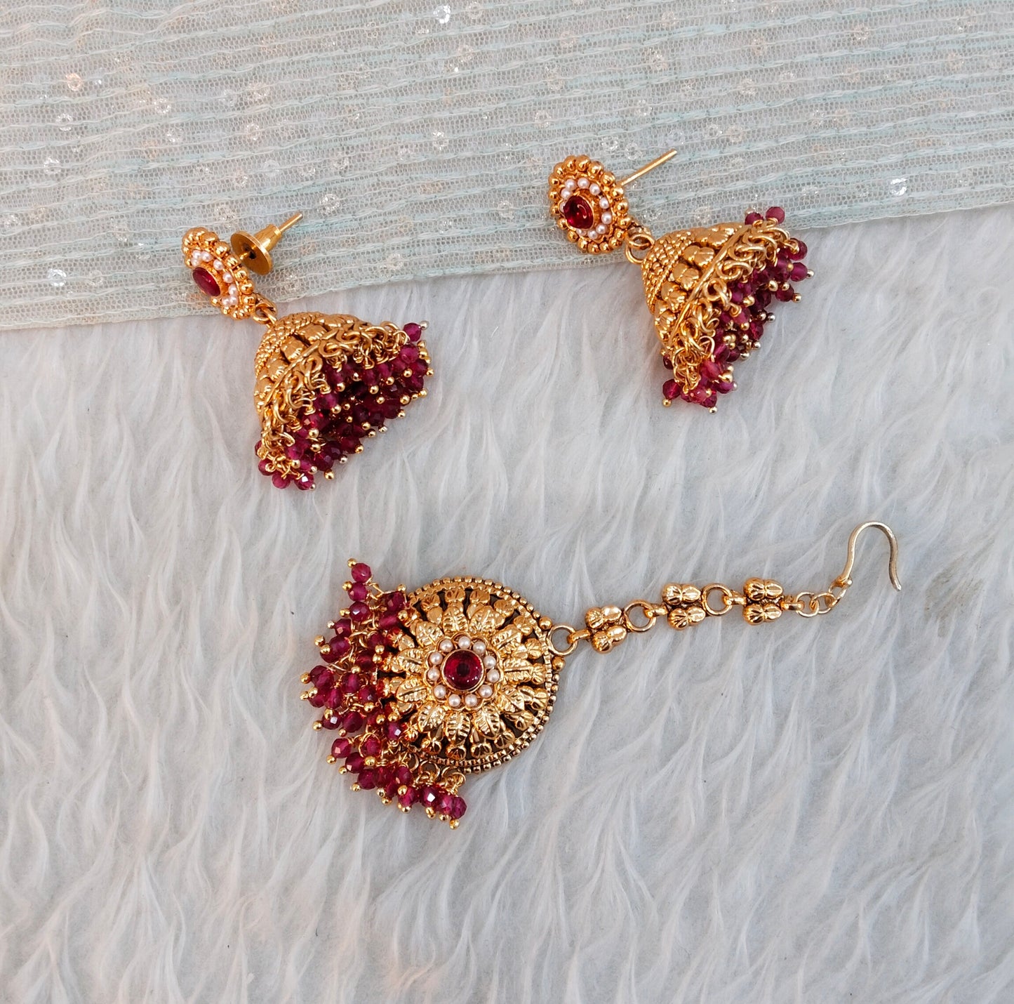 Ruby Gold Jhumki Bollywood Earrings and Tikka