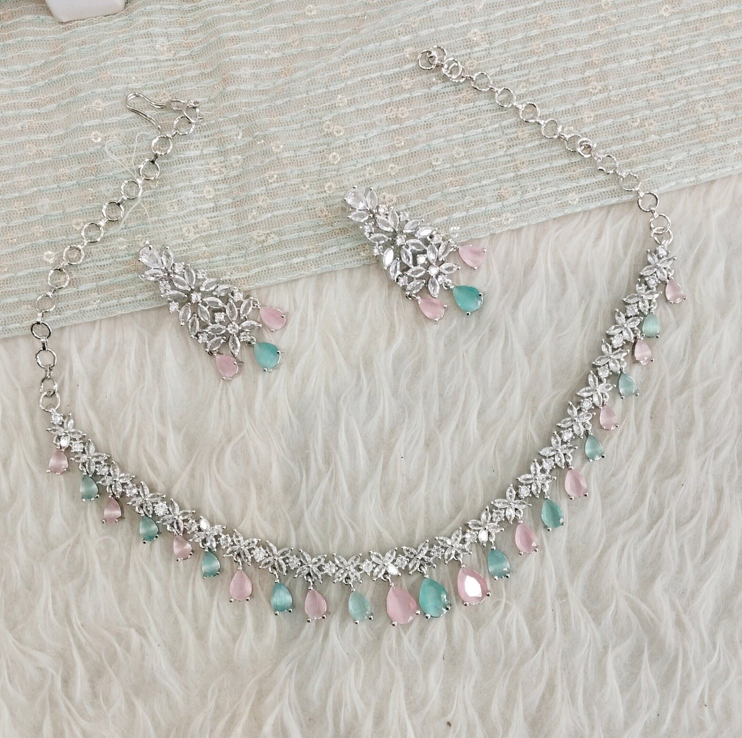 Sea Green Pink Silver CZ Necklace Jewellery Marker Set