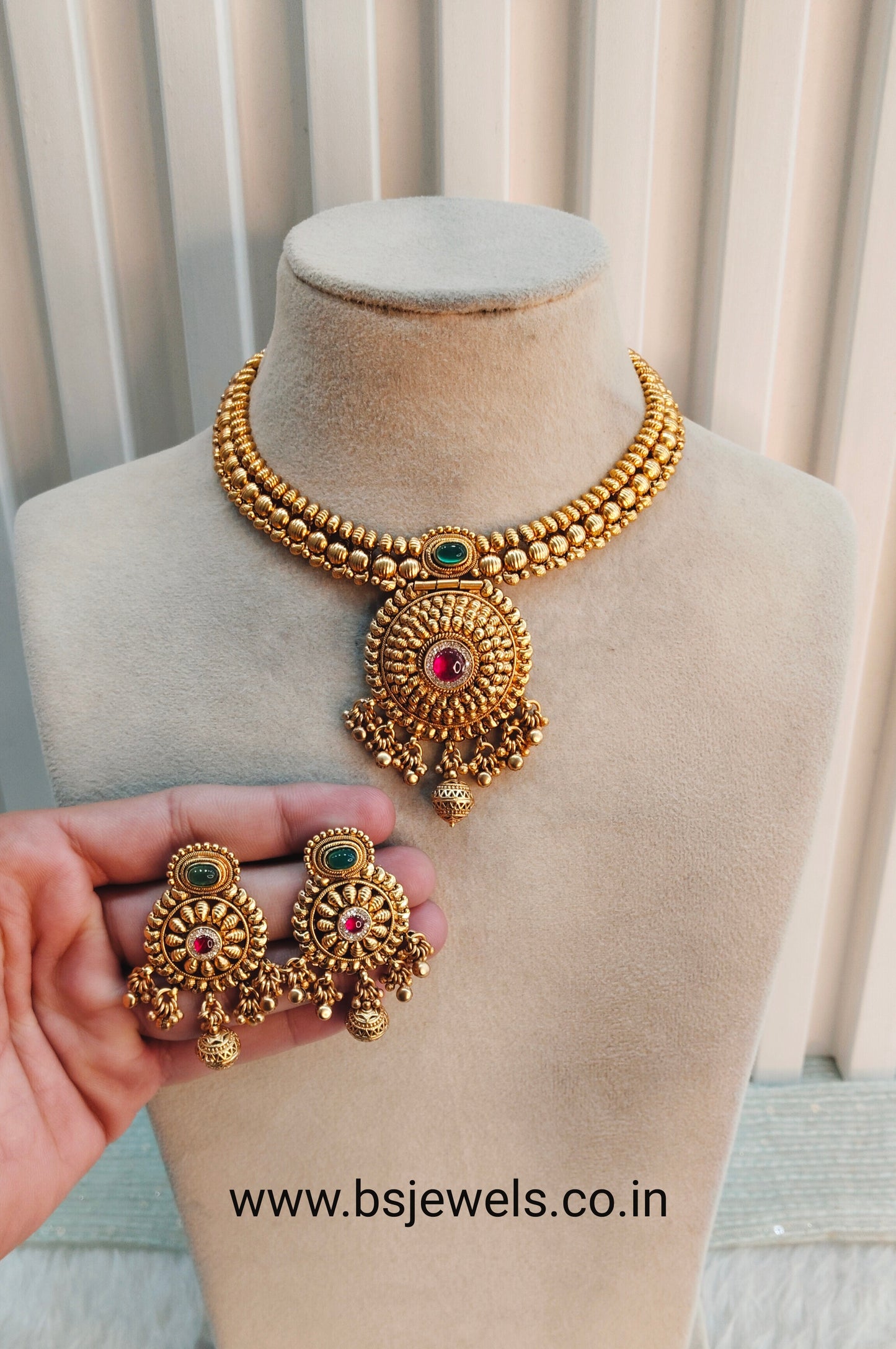 Ruby Green Gold Polki Necklace Jewellery Harf Set