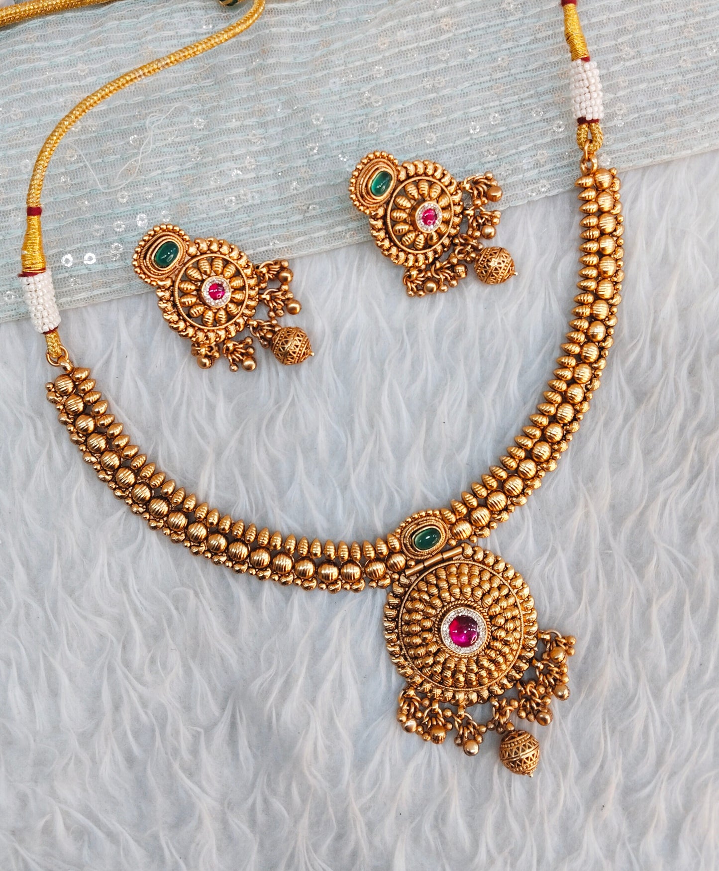 Ruby Green Gold Polki Necklace Jewellery Harf Set