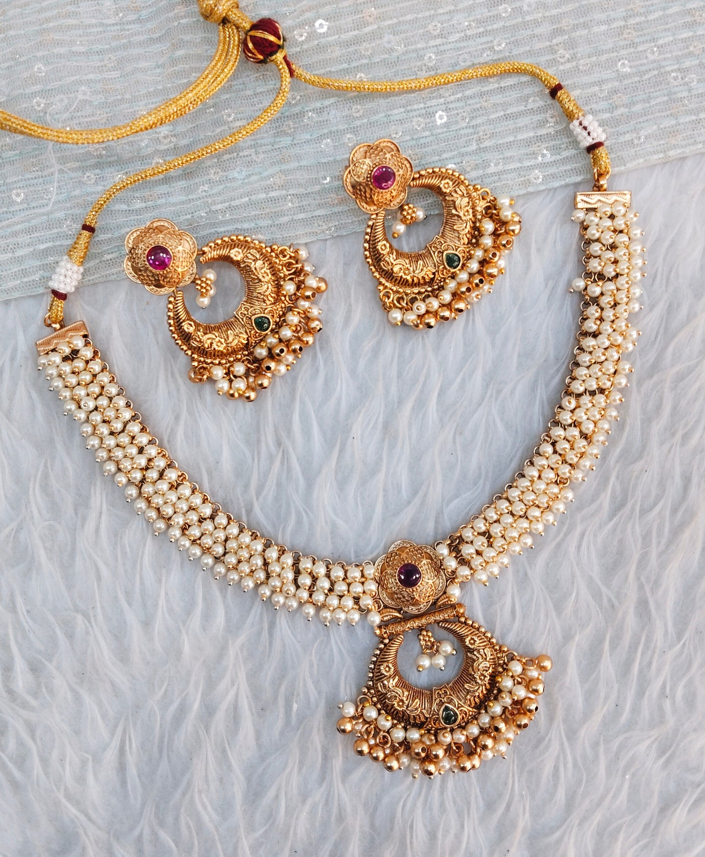Ruby Green Gold Polki Necklace Jewellery Harf Set