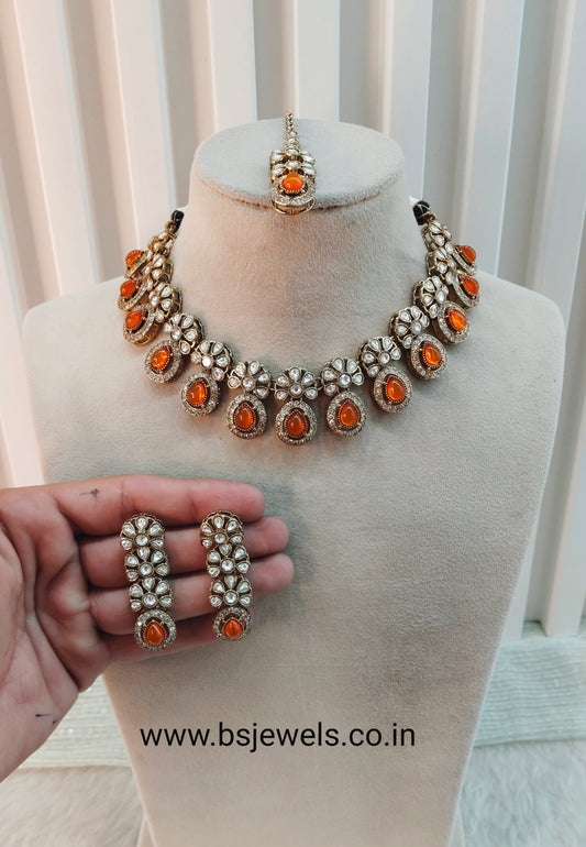 Orange Gold Moissanite Kundan Necklace Jewellery Kartar Set