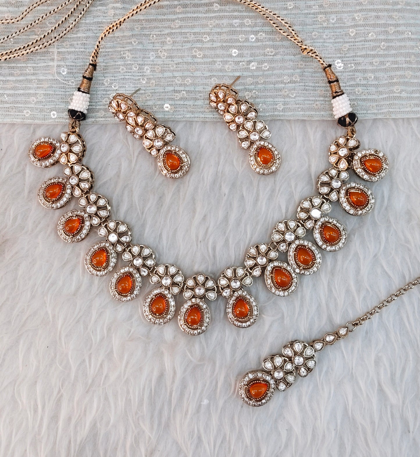 Orange Gold Moissanite Kundan Necklace Jewellery Kartar Set