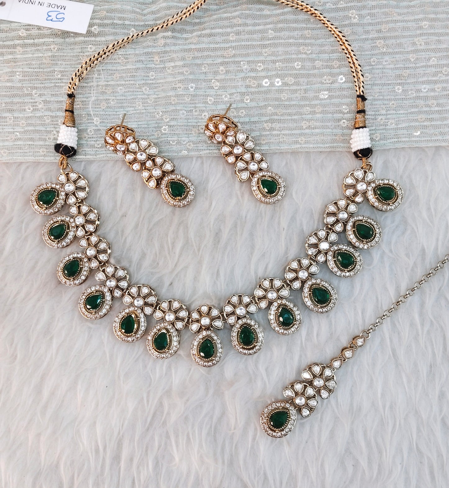Green Gold Moissanite Kundan Necklace Jewellery Kartar Set