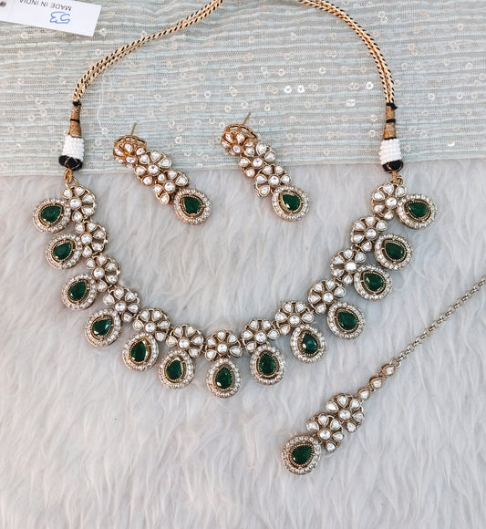 Green Gold Moissanite Kundan Necklace Jewellery Kartar Set