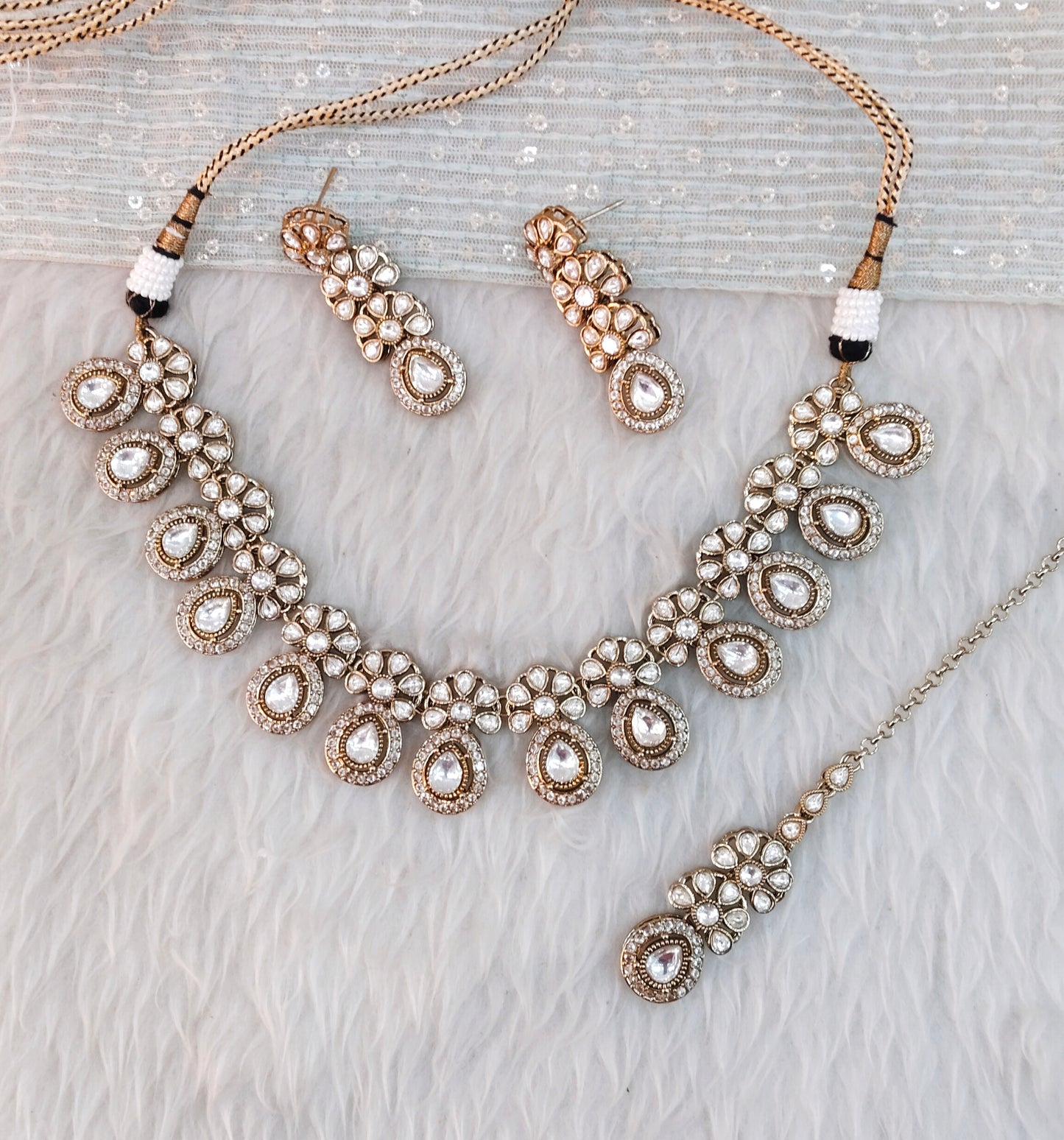 White Gold Moissanite Kundan Necklace Jewellery Kartar Set