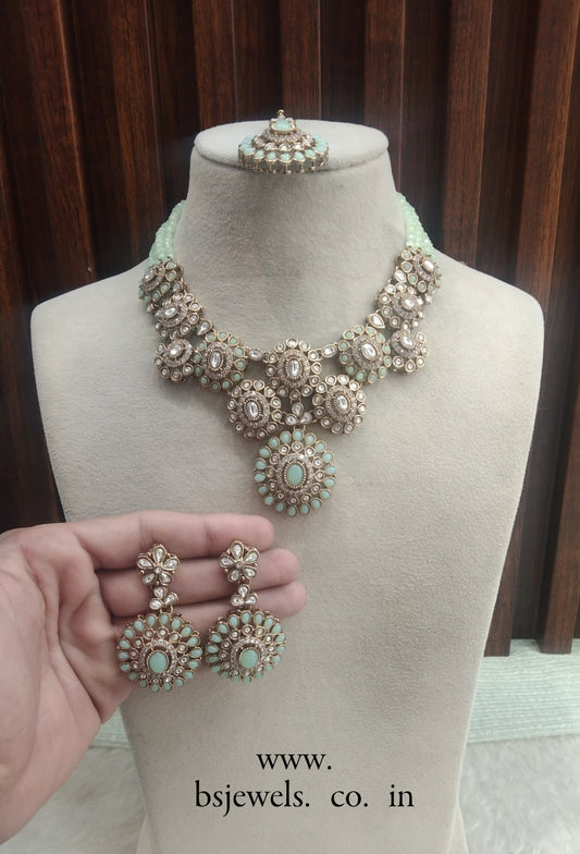 Pista Gold Moissanite Kundan Necklace Jewellery Manddy Set
