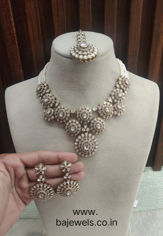 White Gold Moissanite Kundan Necklace Jewellery Manddy Set
