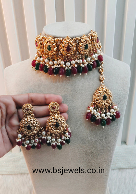 Ruby Green Gold Punjabi Choker Birpal set