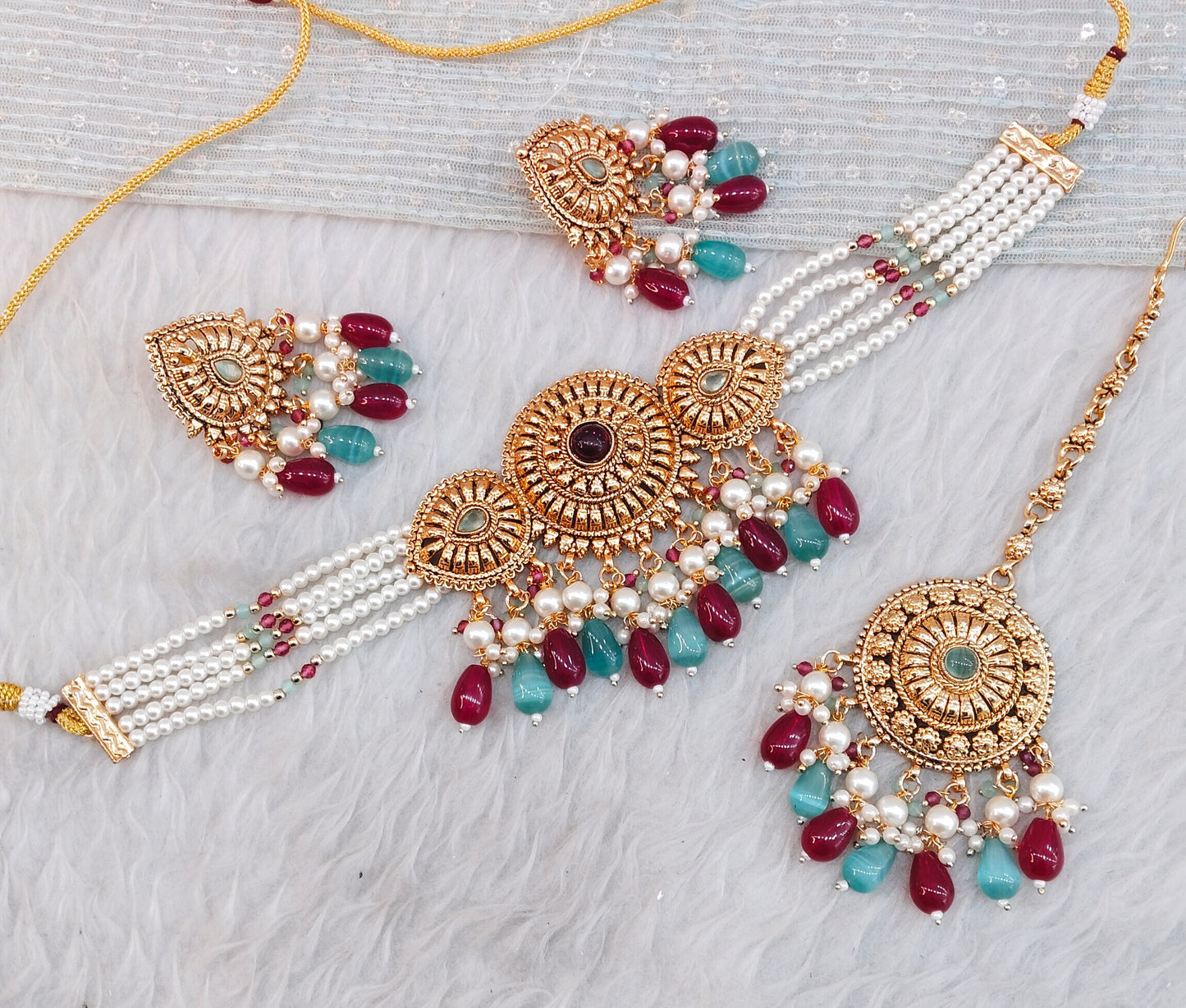 Ruby Sage Green Gold Punjabi Choker Birpal set